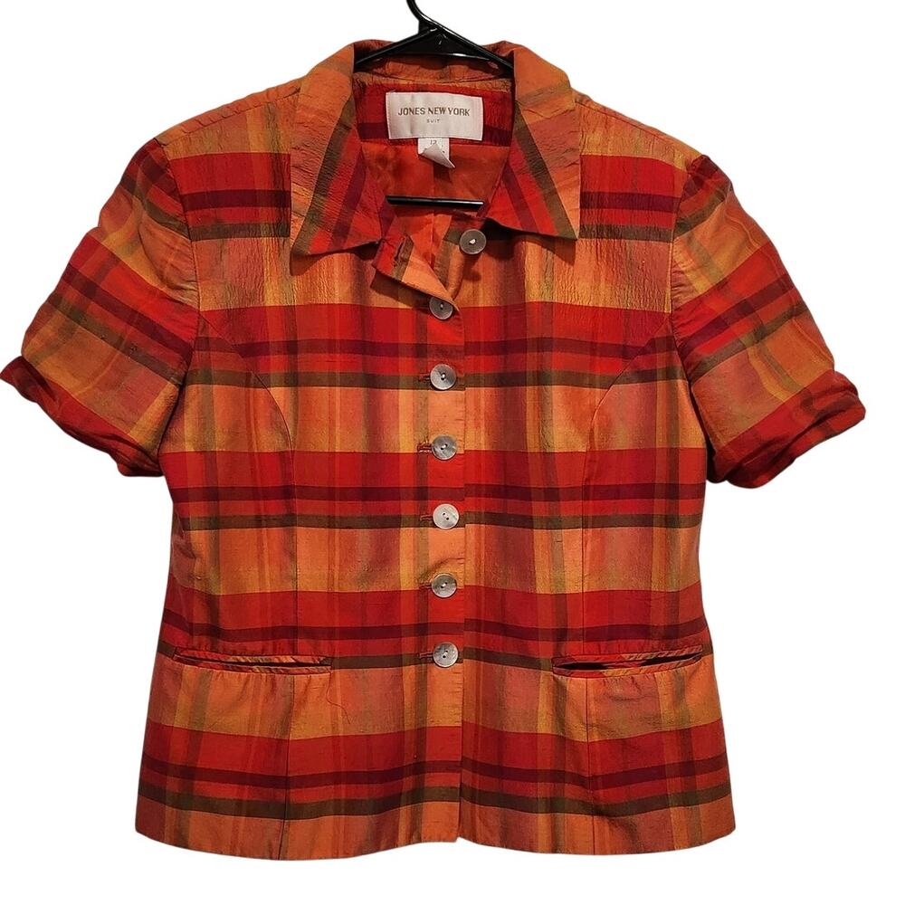 Vintage Jones New York 90s Orange Short Sleeve Plaid Suit Blazer Jacket Size 12